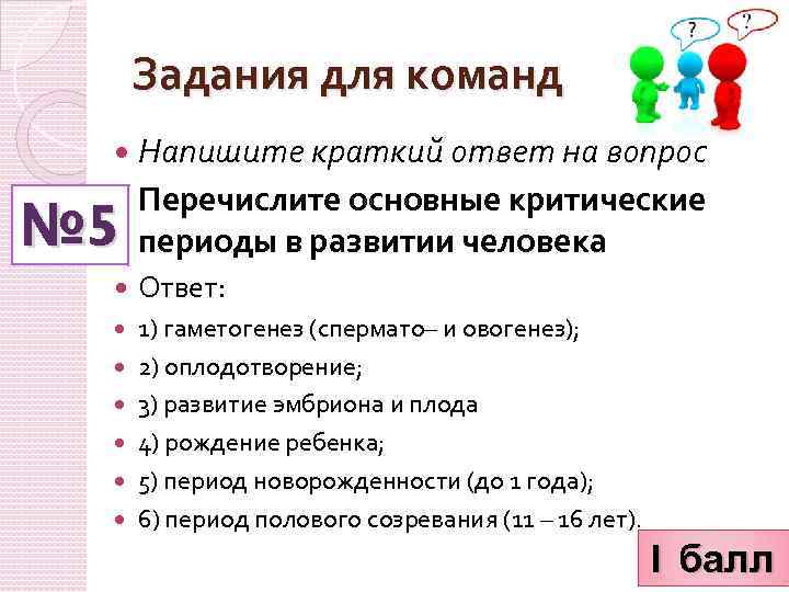 Задания для команд Напишите краткий ответ на вопрос Перечислите основные критические № 5 периоды