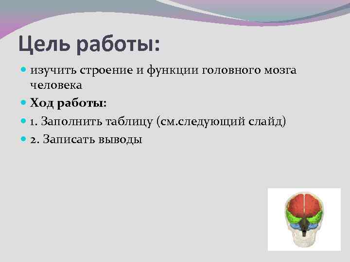 Цель работы: изучить строение и функции головного мозга человека Ход работы: 1. Заполнить таблицу