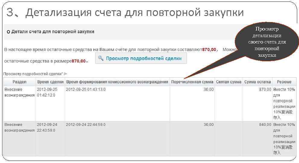 3、Детализация счета для повторной закупки Просмотр детализации своего счета для повторной закупки 
