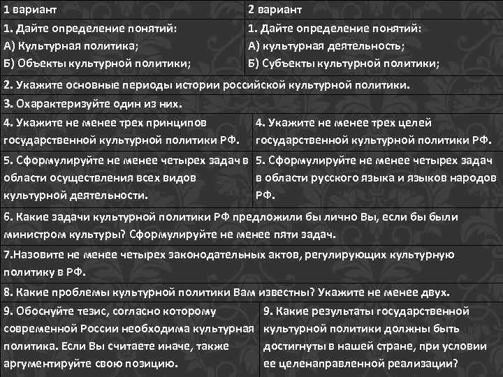 1 вариант 1. Дайте определение понятий: А) Культурная политика; Б) Объекты культурной политики; 2