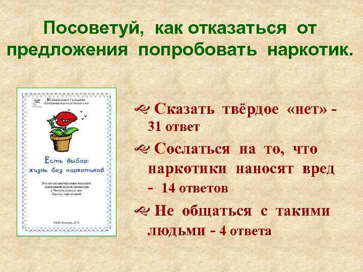 Посоветуй, как отказаться от предложения попробовать наркотик. Сказать твёрдое «нет» 31 ответ Сослаться на