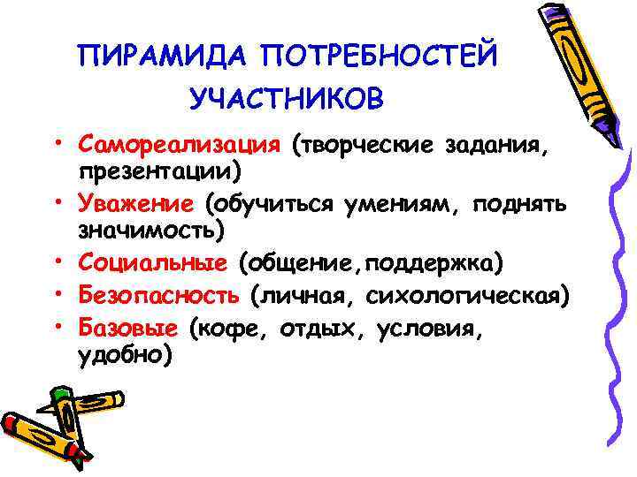 ПИРАМИДА ПОТРЕБНОСТЕЙ УЧАСТНИКОВ • Самореализация (творческие задания, презентации) • Уважение (обучиться умениям, поднять значимость)