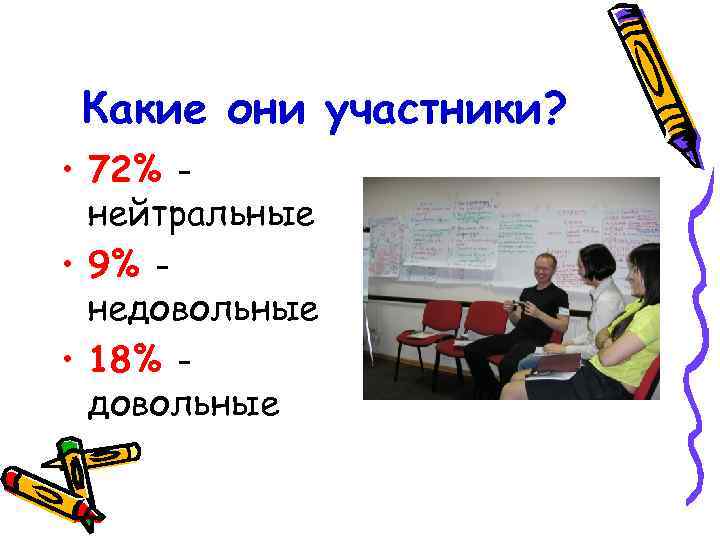 Какие они участники? • 72% нейтральные • 9% недовольные • 18% довольные 