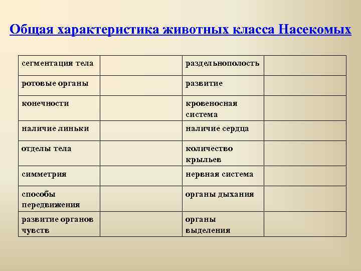 Общая характеристика животных класса Насекомых сегментация тела раздельнополость ротовые органы развитие конечности кровеносная система
