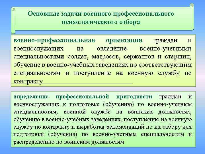 Основные задачи военного профессионального психологического отбора военно-профессиональная ориентация граждан и военнослужащих на овладение военно-учетными