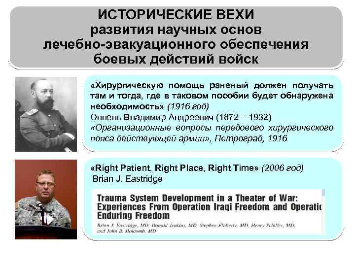 ИСТОРИЧЕСКИЕ ВЕХИ развития научных основ лечебно-эвакуационного обеспечения боевых действий войск «Хирургическую помощь раненый должен