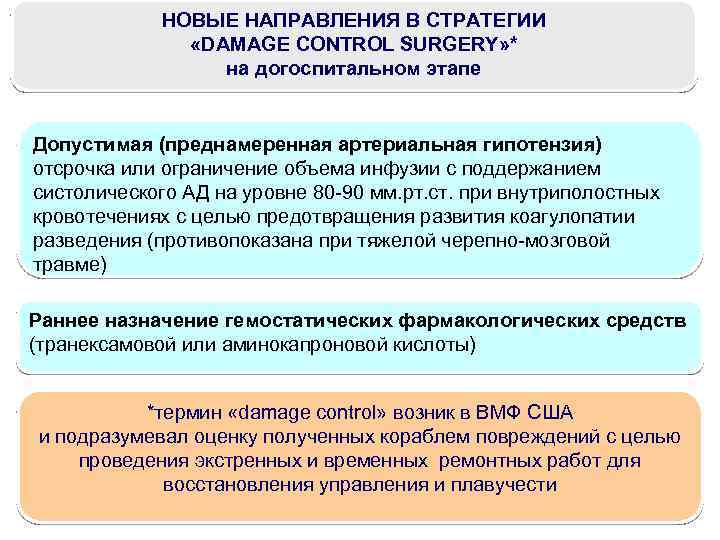 НОВЫЕ НАПРАВЛЕНИЯ В СТРАТЕГИИ «DAMAGE CONTROL SURGERY» * на догоспитальном этапе Допустимая (преднамеренная артериальная