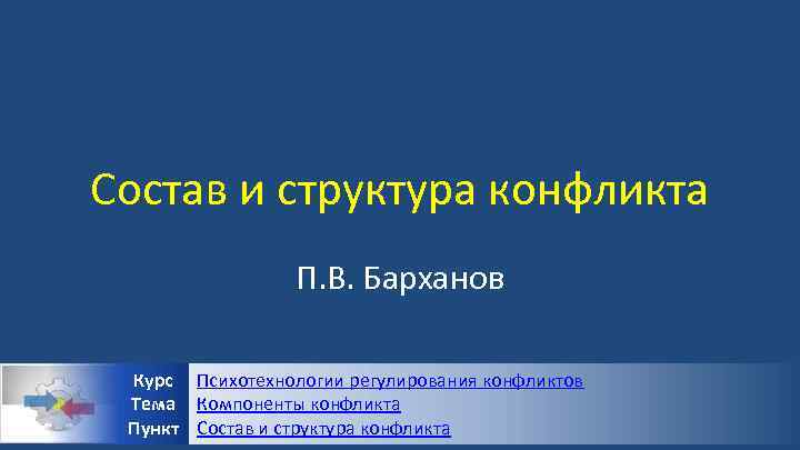 Состав и структура конфликта П. В. Барханов Курс Психотехнологии регулирования конфликтов Тема Компоненты конфликта