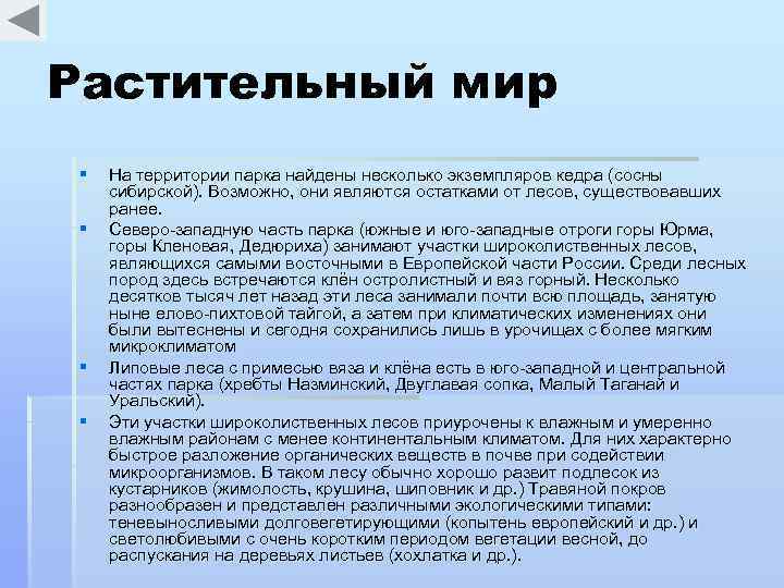 Растительный мир § § На территории парка найдены несколько экземпляров кедра (сосны сибирской). Возможно,