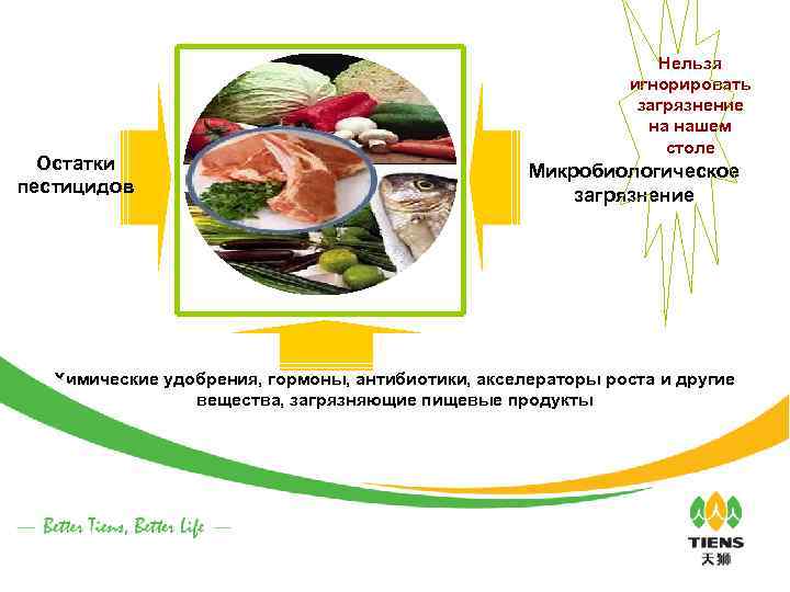 Остатки пестицидов Нельзя игнорировать загрязнение на нашем столе Микробиологическое загрязнение Химические удобрения, гормоны, антибиотики,