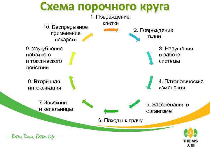 Схема порочного круга 10. Беспрерывное применение лекарств 1. Повреждение клетки 2. Повреждение ткани .