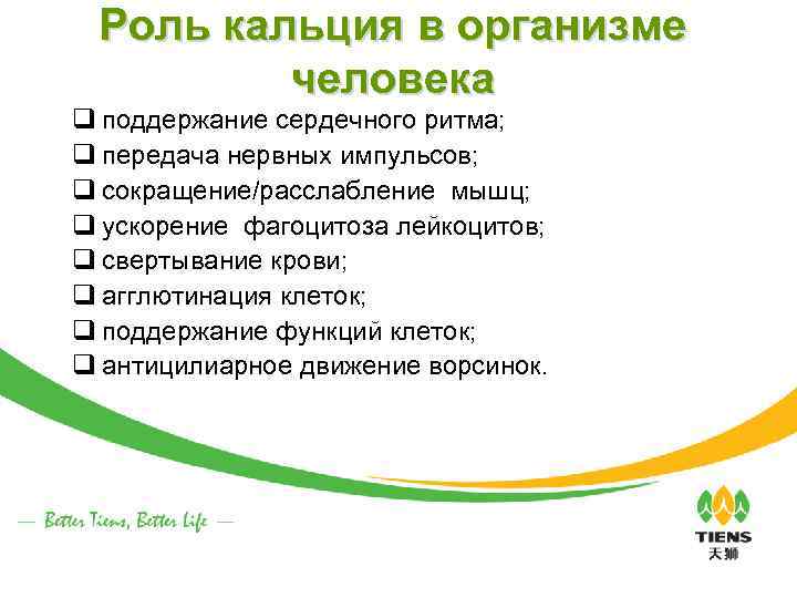 Роль кальция в организме человека q поддержание сердечного ритма; q передача нервных импульсов; q