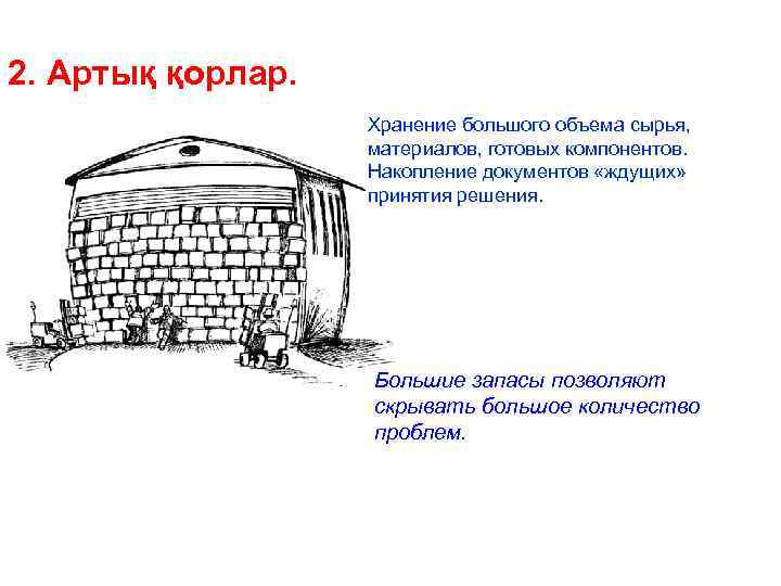 2. Артық қорлар. Хранение большого объема сырья, материалов, готовых компонентов. Накопление документов «ждущих» принятия