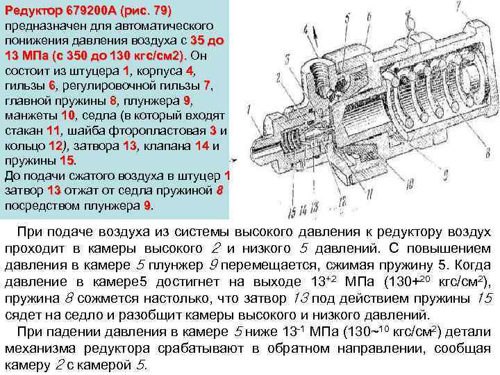 Редуктор 679200 А (рис. 79) предназначен для автоматического понижения давления воздуха с 35 до