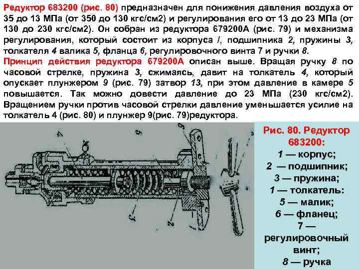 Редуктор 683200 (рис. 80) предназначен для понижения давления воздуха от 35 до 13 МПа