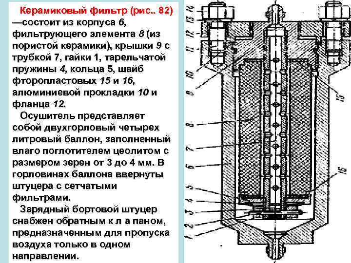 Керамиковый фильтр (рис. . 82) —состоит из корпуса 6, фильтрующего элемента 8 (из пористой