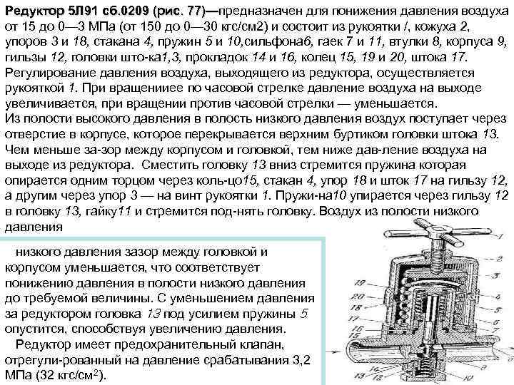 Редуктор 5 Л 91 сб. 0209 (рис. 77)—предназначен для понижения давления воздуха 77)— от