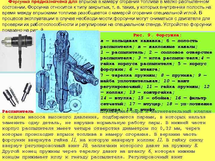 Форсунка предназначена для впрыска в камеру сгорания топлива в мелко распыленном состоянии. Форсунка относится