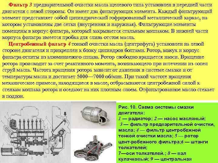 Фильтр 3 предварительной очистки масла щелевого типа установлен в передней части двигателя с левой