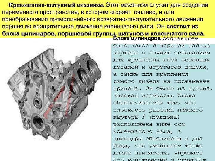 Кривошипно-шатунный механизм. Этот механизм служит для создания переменного пространства, в котором сгорает топливо, и