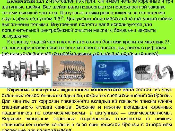 Коленчатый вал 2 изготовлен из стали. Он имеет четыре коренные и три шатунные шейки.