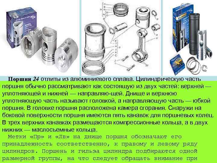 Поршни 24 отлиты из алюминиевого сплава. Цилиндрическую часть поршня обычно рассматривают как состоящую из