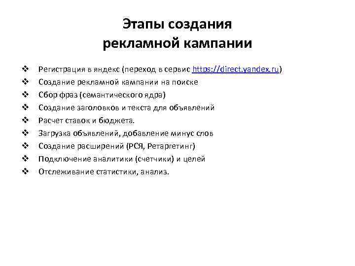 Этапы создания рекламной кампании v v v v v Регистрация в яндекс (переход в