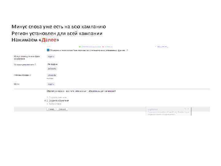 Минус слова уже есть на всю кампанию Регион установлен для всей кампании Нажимаем «Далее»