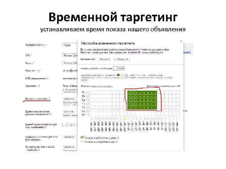 Временной таргетинг устанавливаем время показа нашего объявления 