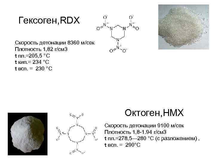 Гексоген, RDX Скорость детонации 8360 м/сек Плотность 1, 82 г/см 3 t пл. =205,