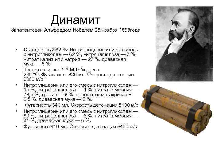 Динамит Запатентован Альфредом Нобелем 25 ноября 1868 года • • • Стандартный 62 %: