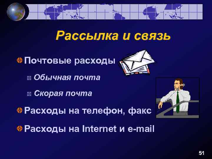 Рассылка и связь Почтовые расходы Обычная почта Скорая почта Расходы на телефон, факс Расходы