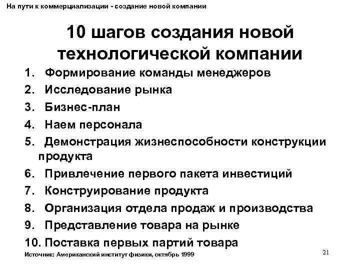 На пути к коммерциализации - создание новой компании 10 шагов создания новой технологической компании
