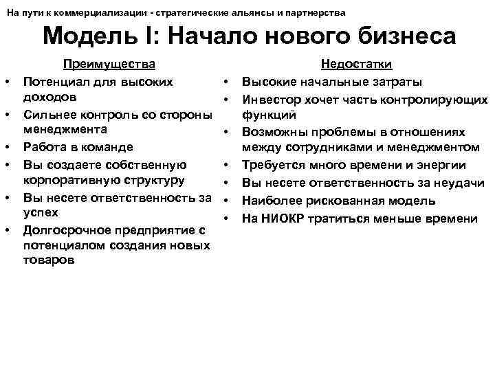 На пути к коммерциализации - стратегические альянсы и партнерства Модель I: Начало нового бизнеса
