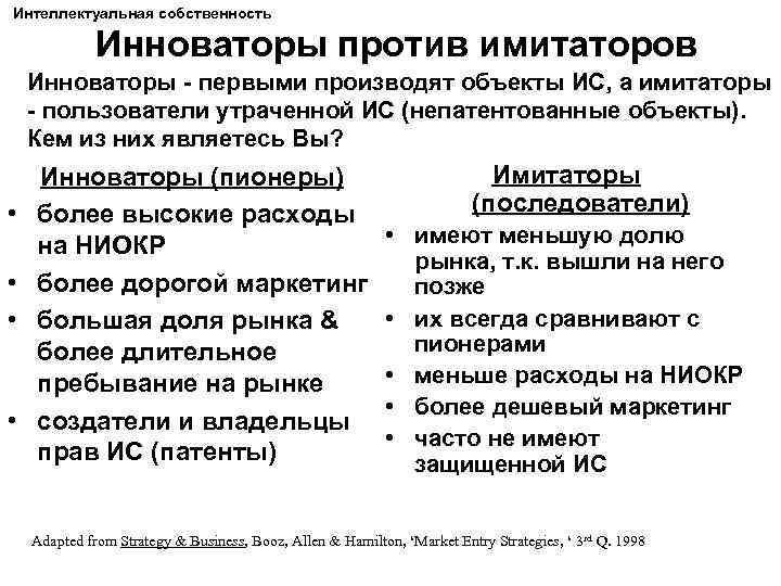 Интеллектуальная собственность Инноваторы против имитаторов Инноваторы - первыми производят объекты ИС, а имитаторы -