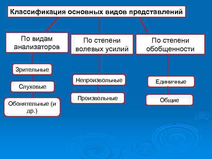 Классификация основных видов представлений По видам анализаторов По степени волевых усилий По степени обобщенности