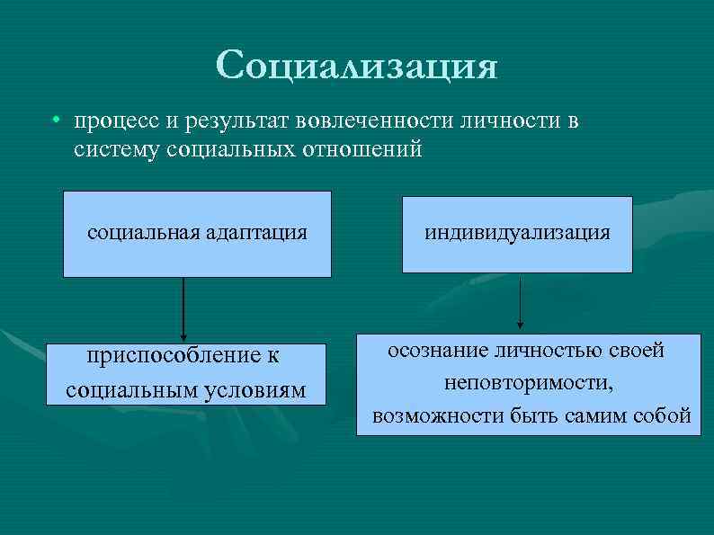 Социализация • процесс и результат вовлеченности личности в систему социальных отношений социальная адаптация приспособление