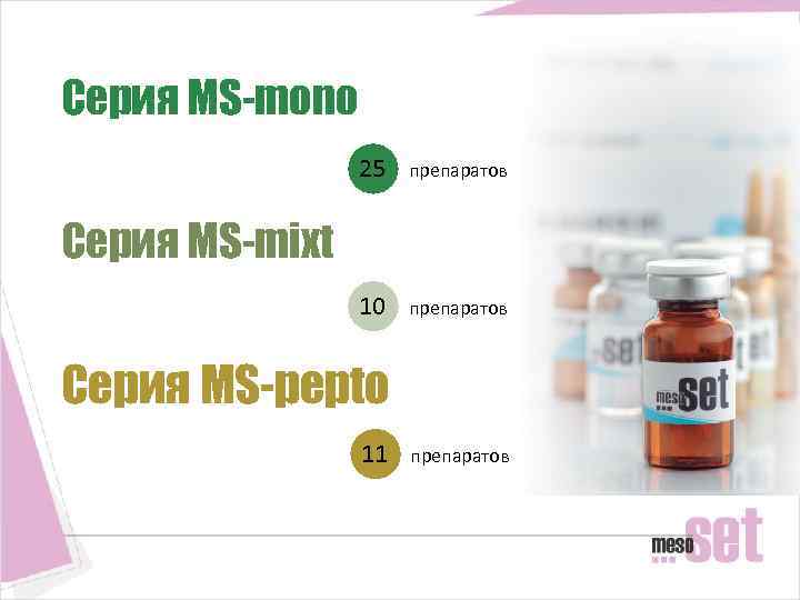 Серия MS-mono 25 препаратов 10 препаратов Серия MS-mixt Серия MS-pepto 11 препаратов 