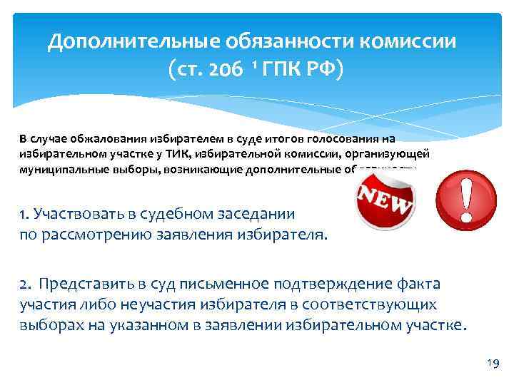 Дополнительные обязанности комиссии (ст. 206 1 ГПК РФ) В случае обжалования избирателем в суде