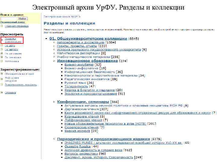 Электронный архив Ур. ФУ. Разделы и коллекции 
