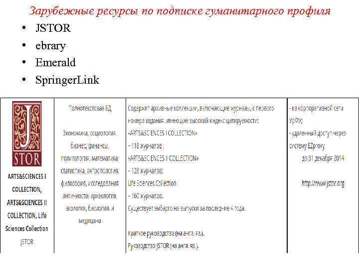 Зарубежные ресурсы по подписке гуманитарного профиля • JSTOR • ebrary • Emerald • Springer.