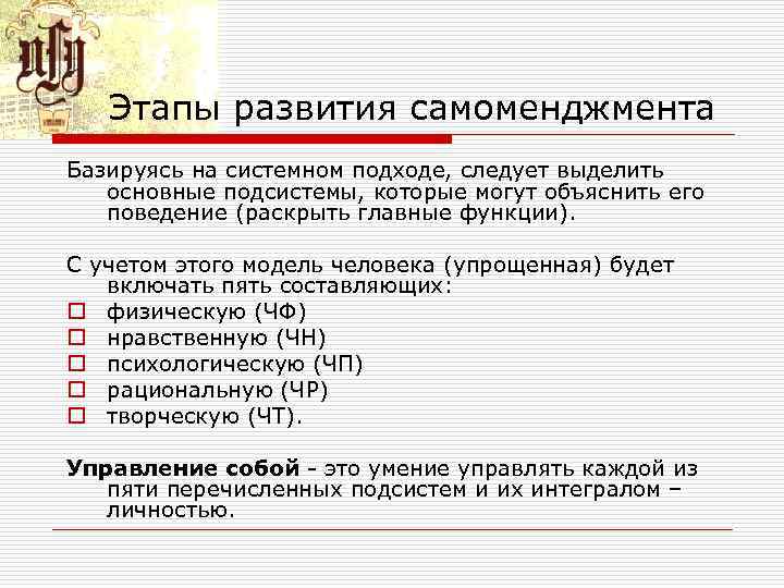 Этапы развития самоменджмента Базируясь на системном подходе, следует выделить основные подсистемы, которые могут объяснить