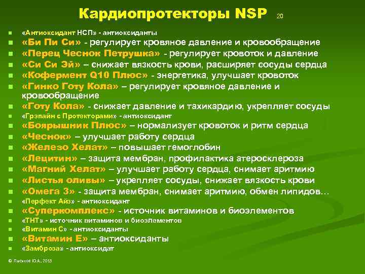 Кардиопротекторы NSP n n n n n n 20 «Антиоксидант НСП» - антиоксиданты «Би