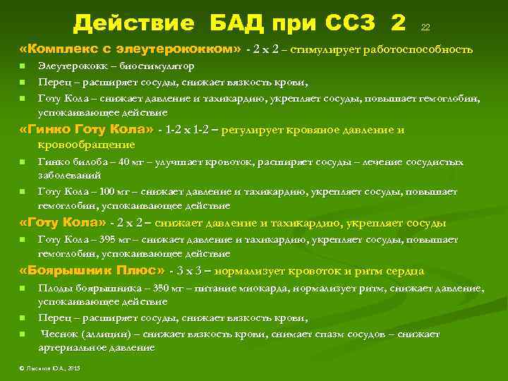 Действие БАД при ССЗ 2 22 «Комплекс с элеутерококком» - 2 х 2 –