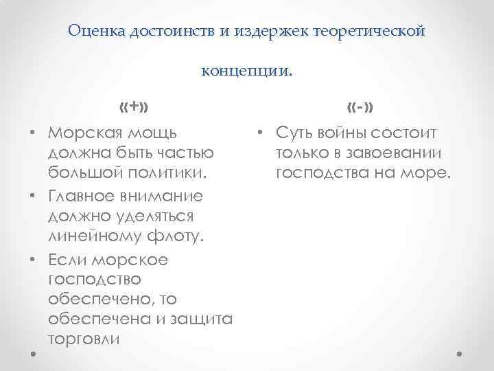 Оценка достоинств и издержек теоретической концепции. «+» • Морская мощь должна быть частью большой