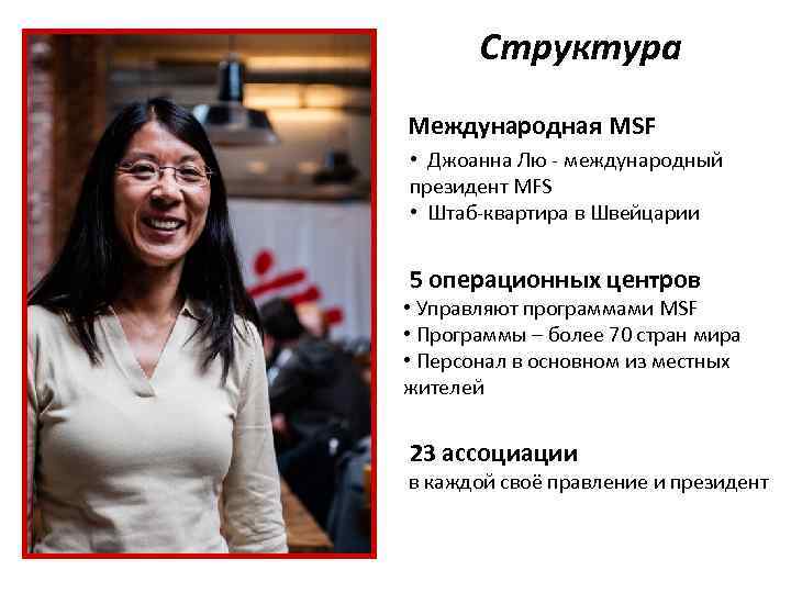 Структура Международная MSF • Джоанна Лю - международный президент MFS • Штаб-квартира в Швейцарии