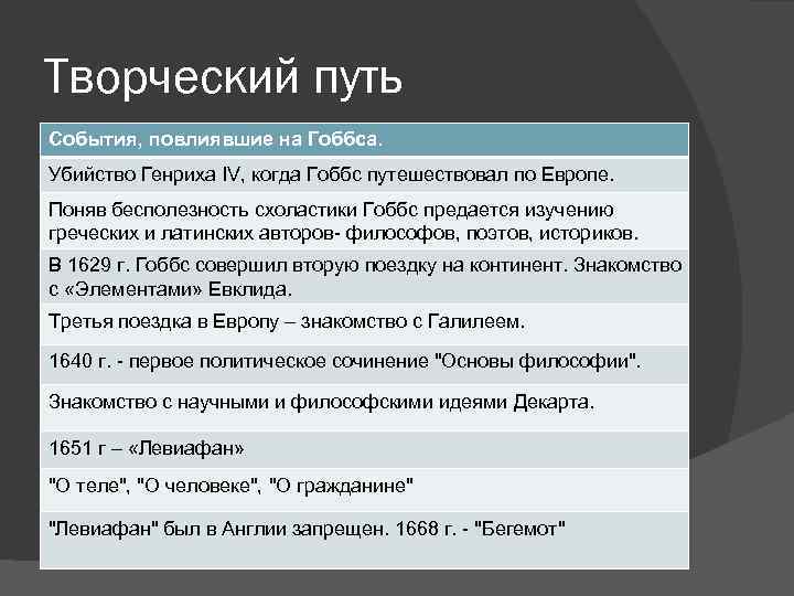 Творческий путь События, повлиявшие на Гоббса. Убийство Генриха IV, когда Гоббс путешествовал по Европе.