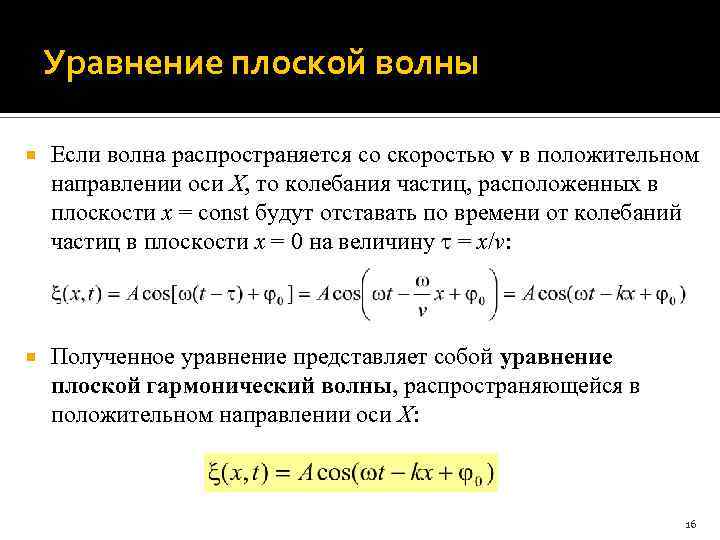Уравнение плоской волны Если волна распространяется со скоростью v в положительном направлении оси X,