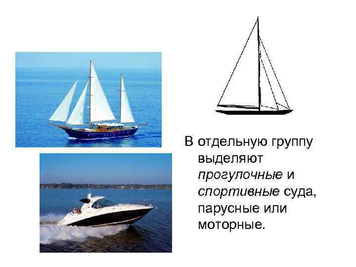 В отдельную группу выделяют прогулочные и спортивные суда, парусные или моторные. 