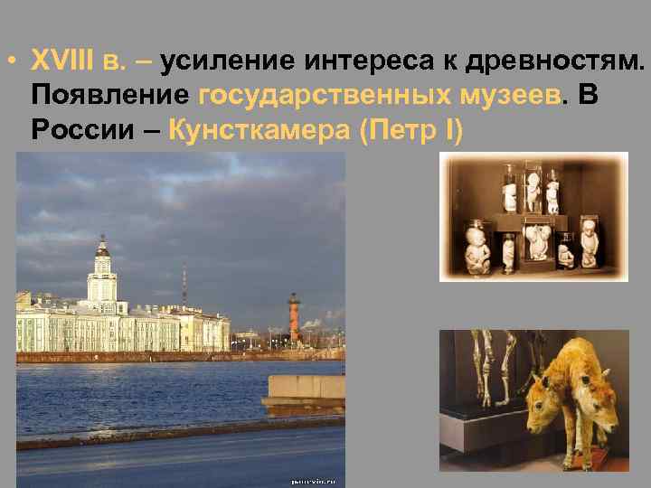  • XVIII в. – усиление интереса к древностям. Появление государственных музеев. В России